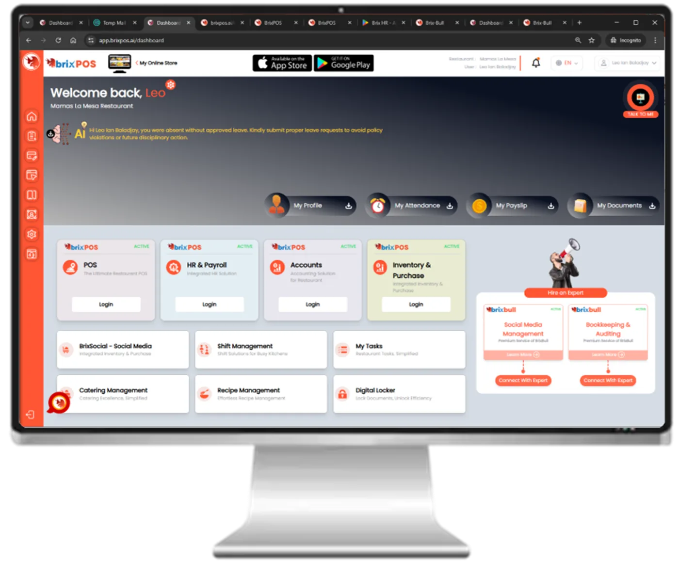 BrixPOS staff launchpad screen
