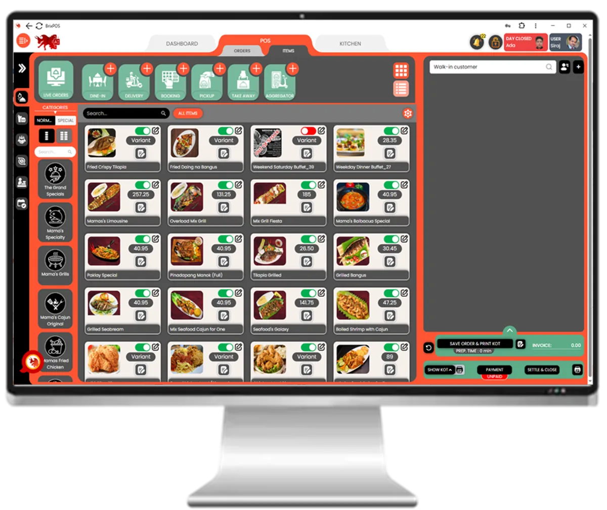 BrixPOS restaurant POS — live orders, kitchen display and payments
